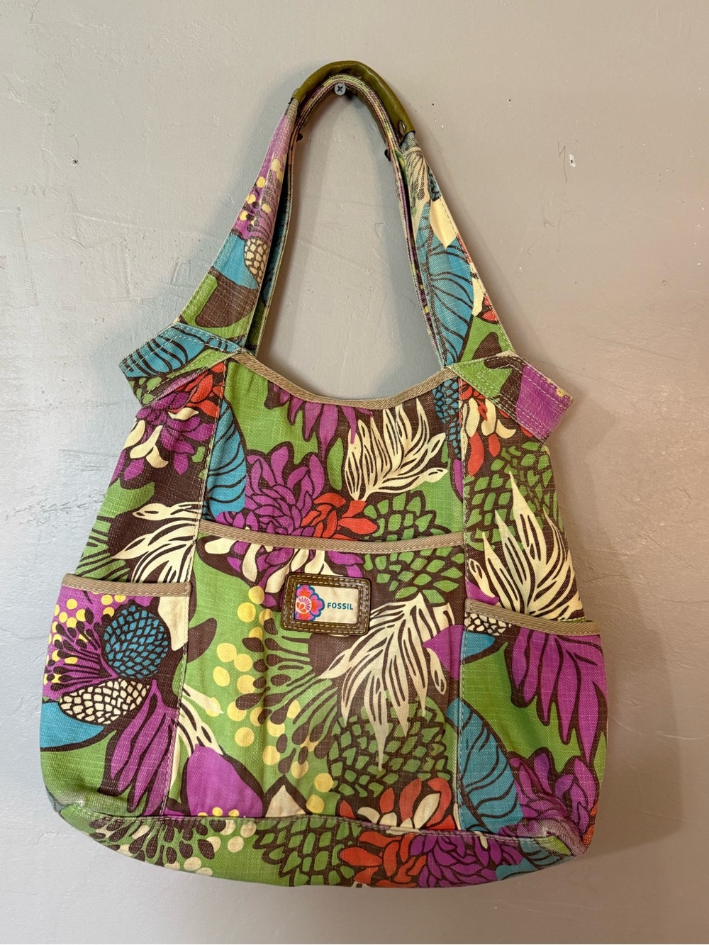 Fossil Multicolor Floral Canvas Tote in Green and Purple